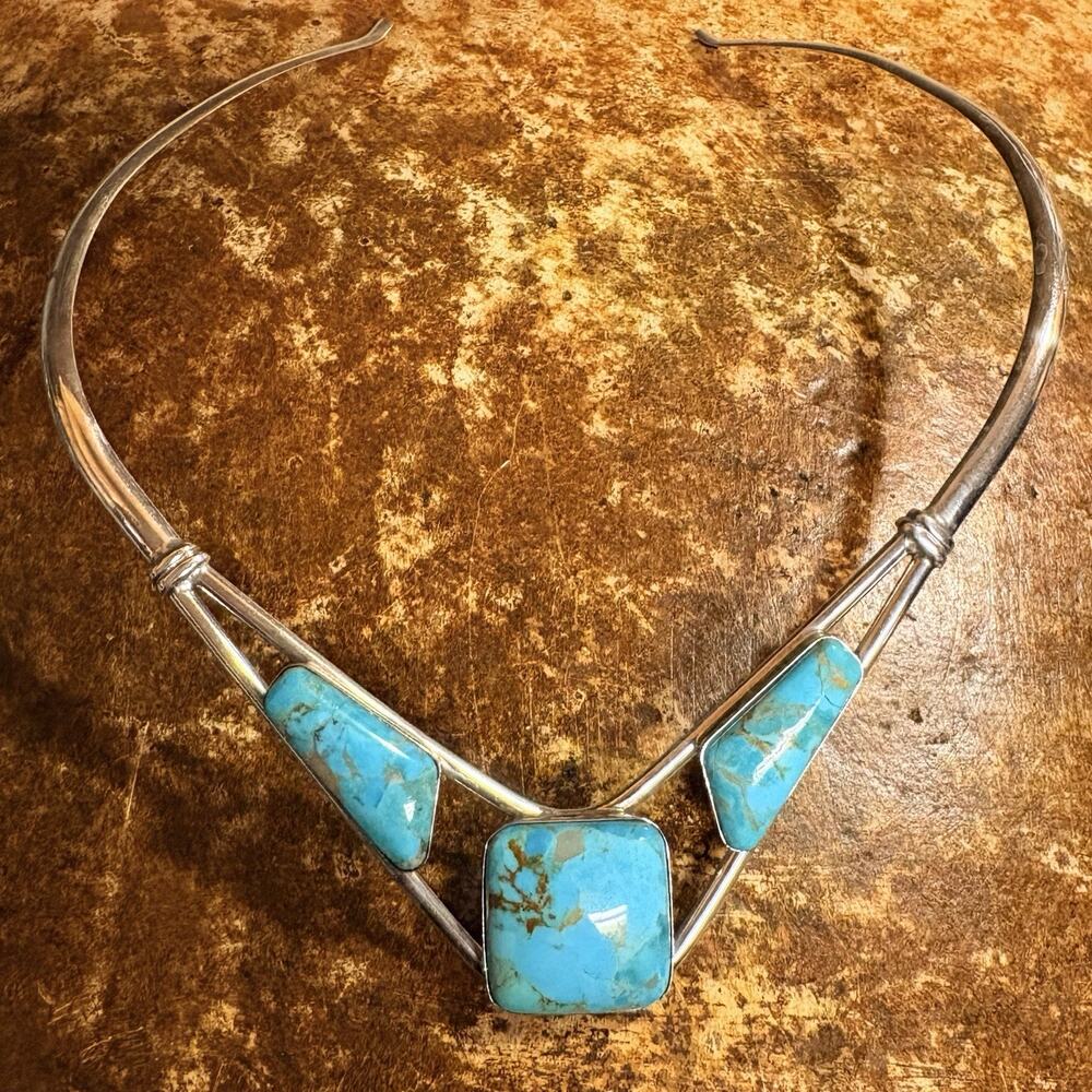Jay King Collar Necklace Sterling Silver w/ Three Turquoise Stones DTR Statement